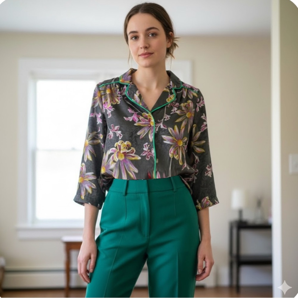 Gray Floral Button Down Shirt with Notched Collar and Boxy Fit